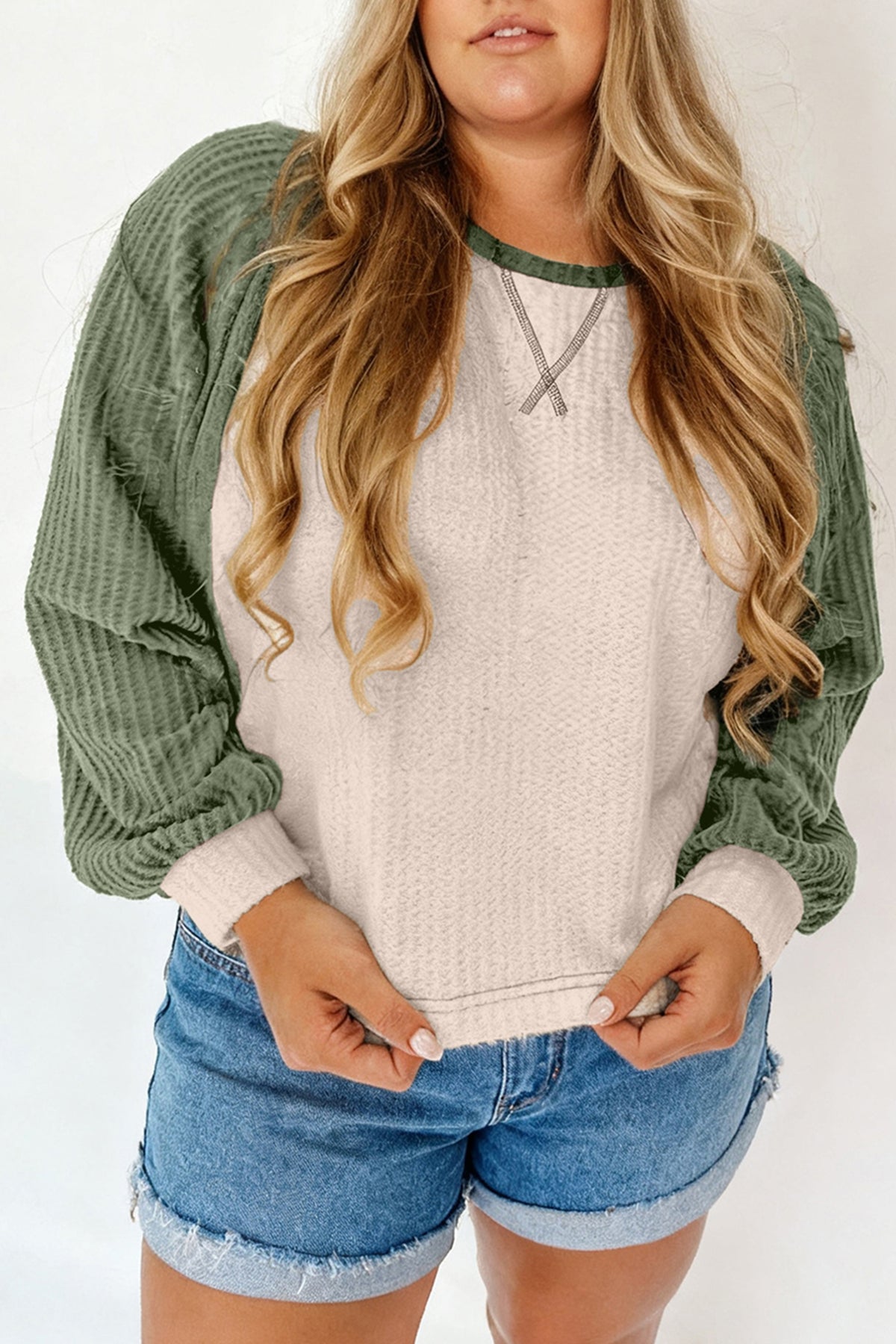 Mist Green Plus Size Waffled Color-Block Long-Sleeve Top
