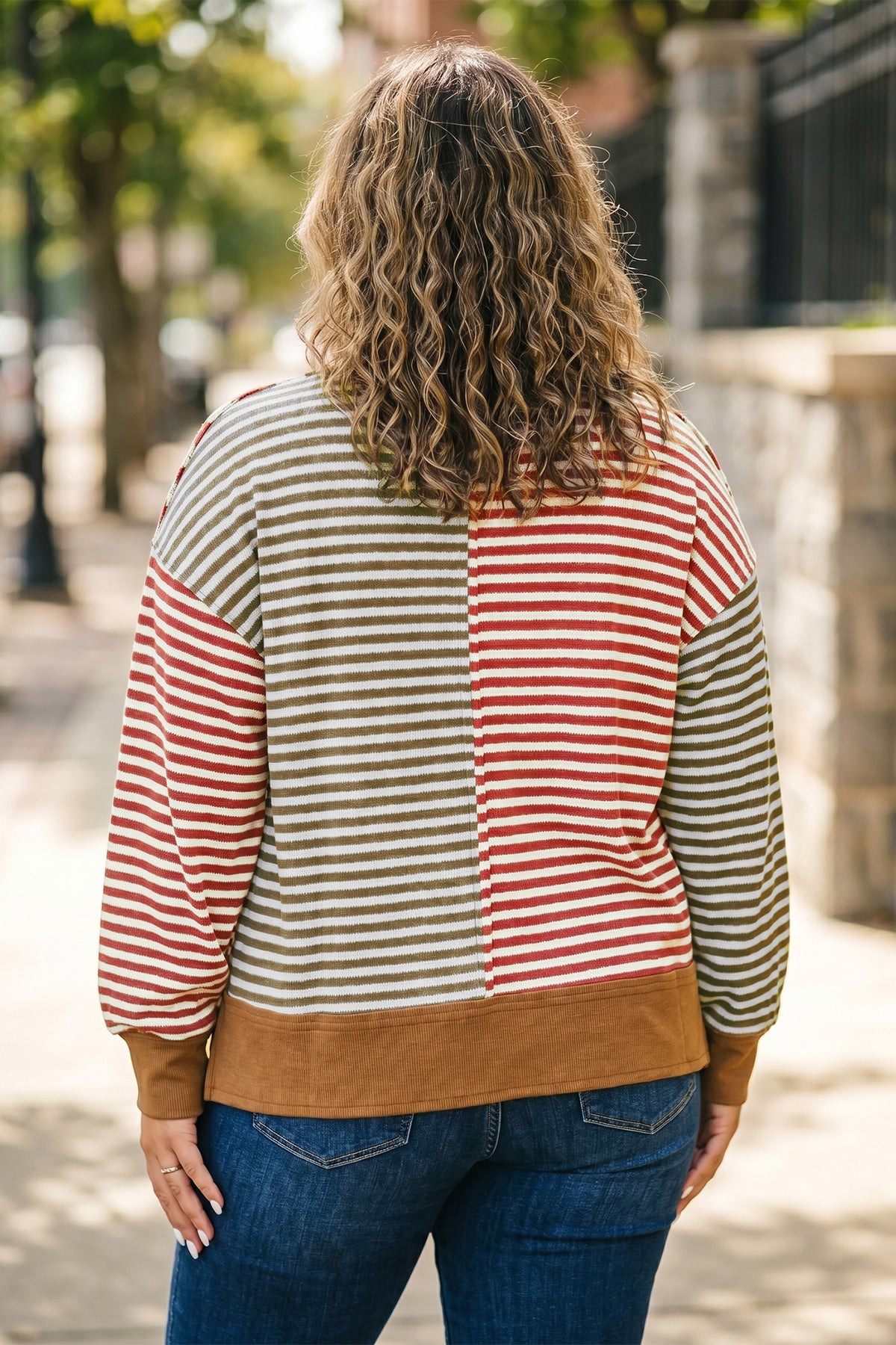 Brown Stripe Striped Color-Block V-Neck Oversized Long-Sleeve Plus Size Blouse