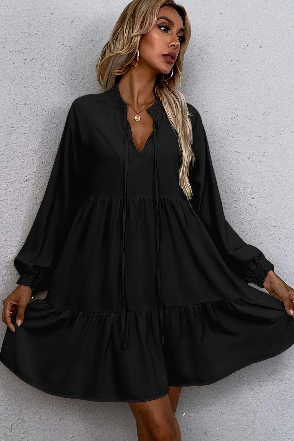 Black Tie Split Neck Smocked Detail Long Puff Sleeve Ruffle Hem Dress
