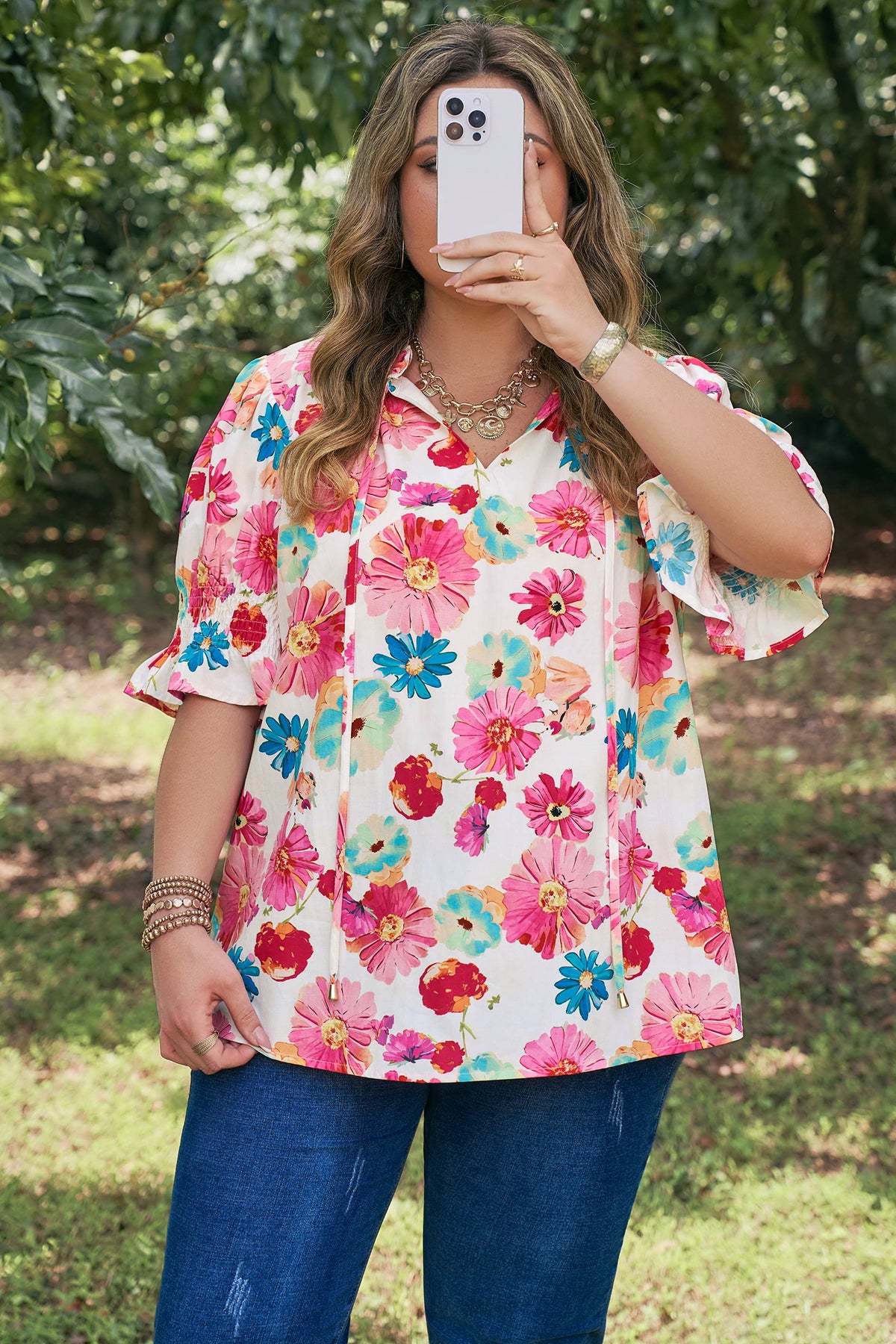 Pink Plus Size Floral Print Ruched Short-Sleeve Blouse