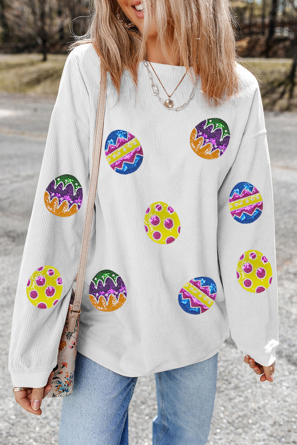 White Easter Egg Corded Oversized Sweatshirt