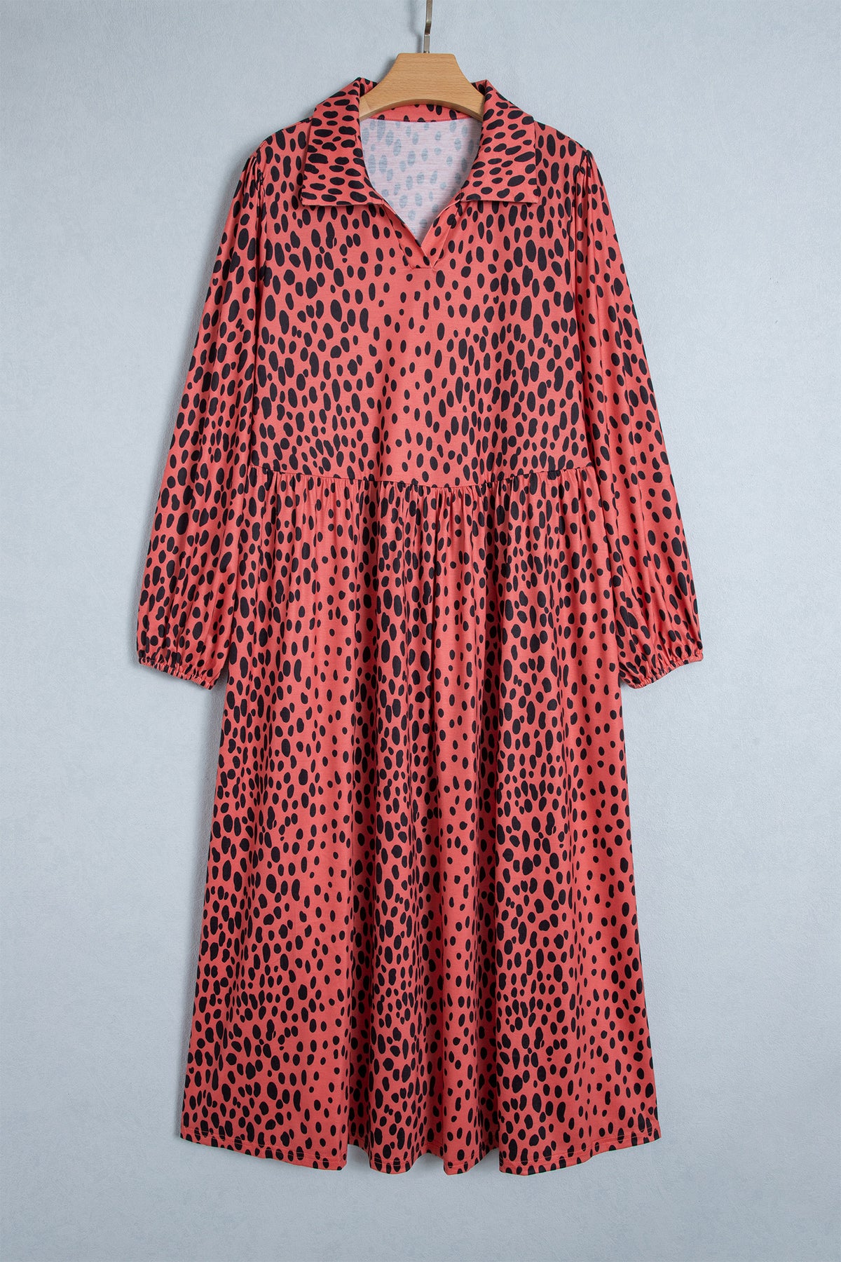 Red Leopard Print Long-Sleeve V-Neck Plus Size Midi Dress