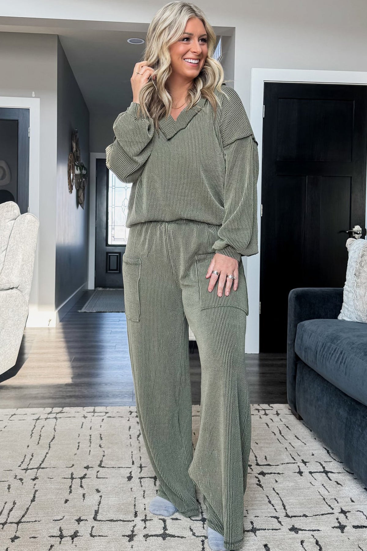 Four Leaf Clover Twisted Ribbed Exposed Seam Detail V-Neck Pullover Plus Size Pant Set