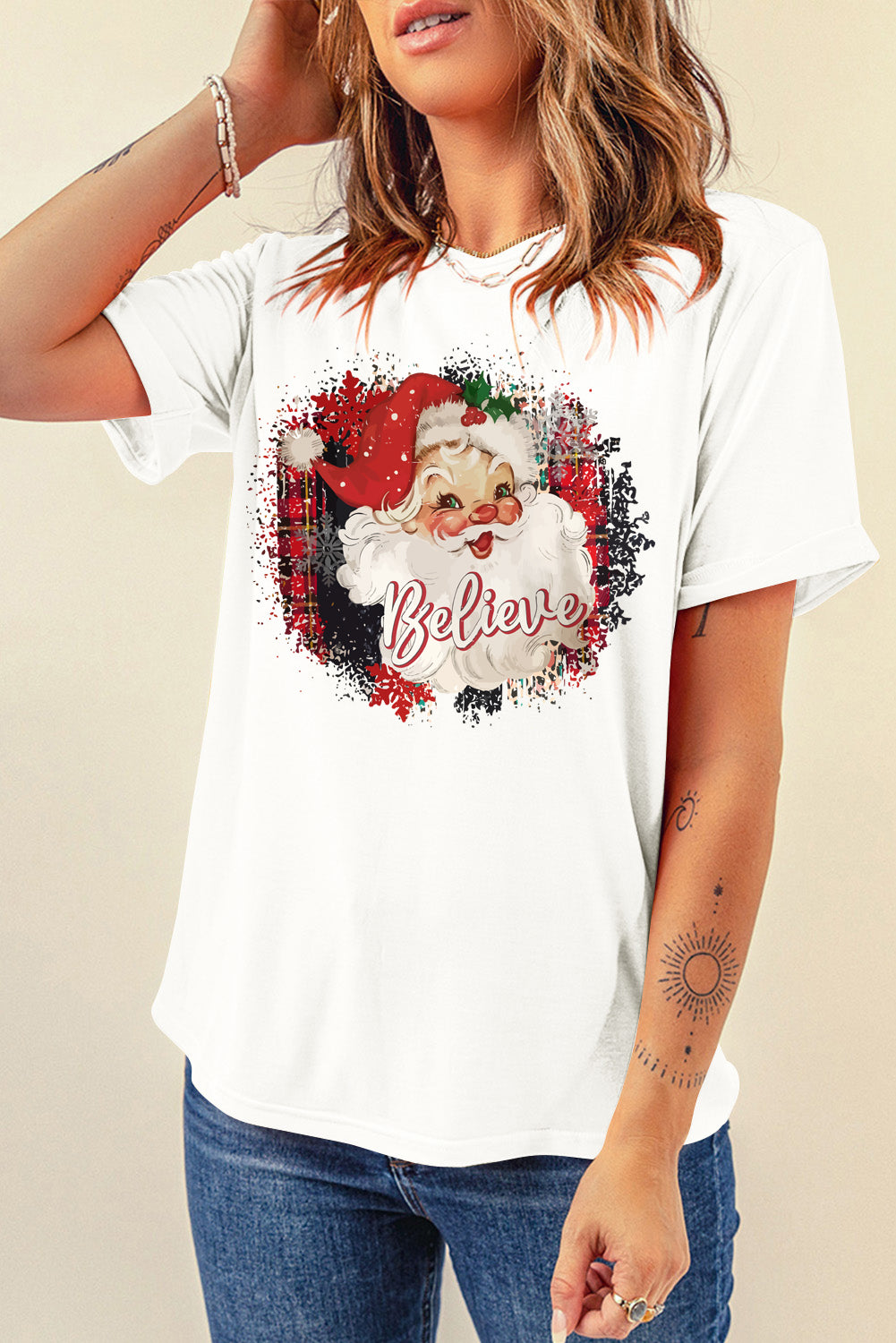 White Believe Christmas Father Graphic Crewneck T-Shirt