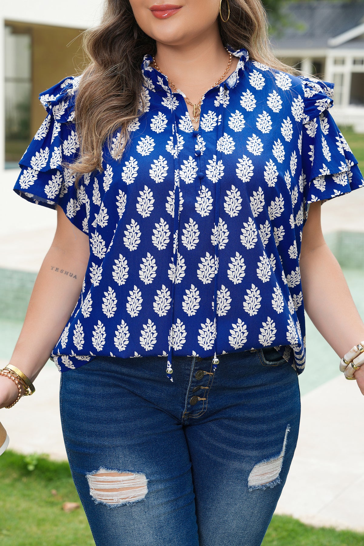 Blue Plus Size Botanical Print Tie V-Neck Ruffle Short-Sleeve Blouse