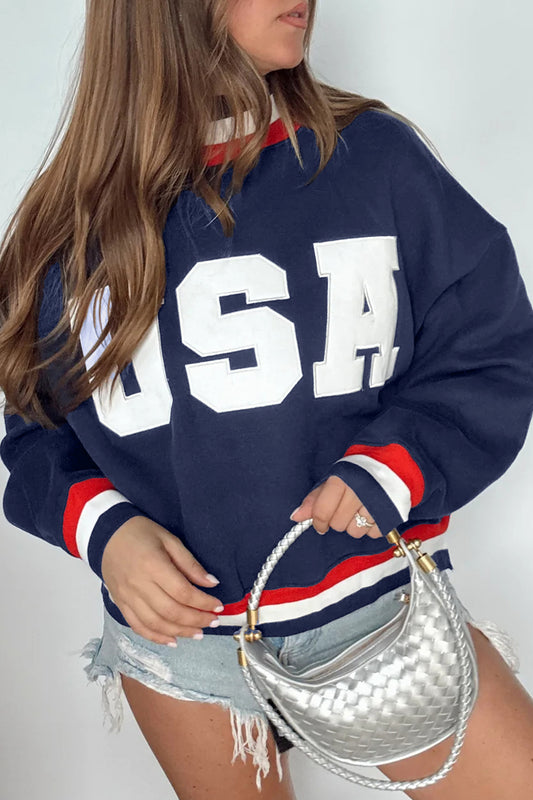 Dirty blue USA Slogan Patch Embroidery High Neck Sweatshirt