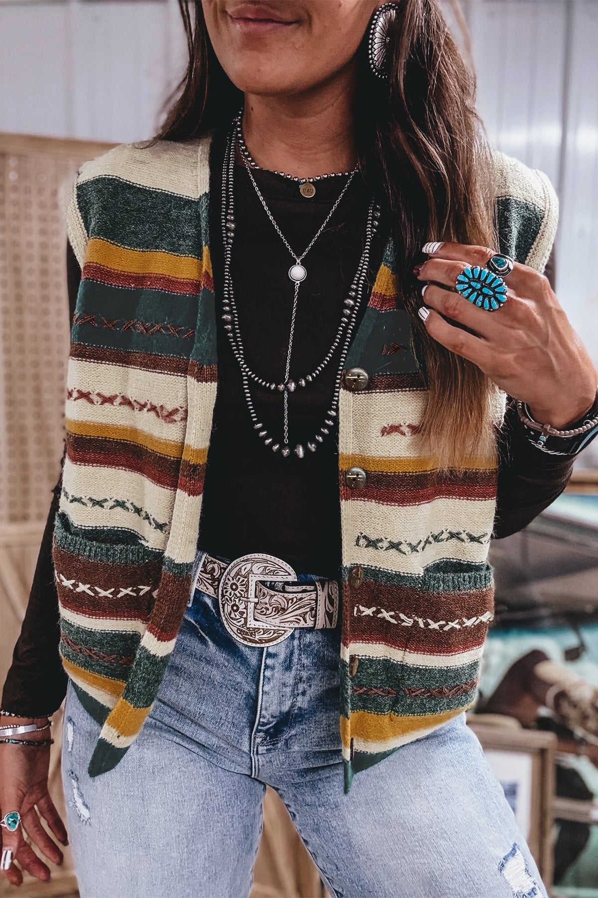 Multicolour Striped Button Front Sleeveless Knit Sweater Vest