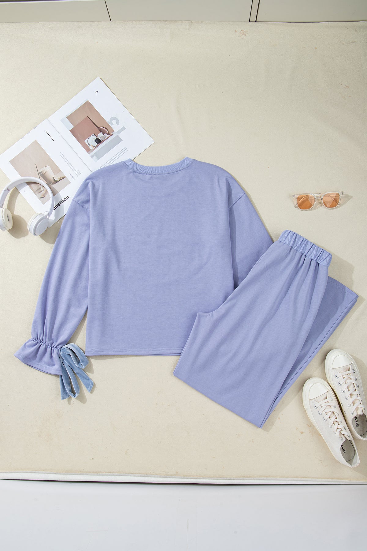 Beau Blue Flounce Long Sleeve Top Drawstring Pants Contrast Velvet Bow Lounge Set