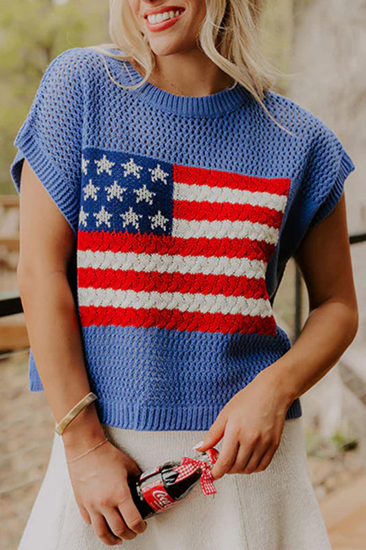 Sky Blue Flag Graphic Short Sleeve Sweater Top
