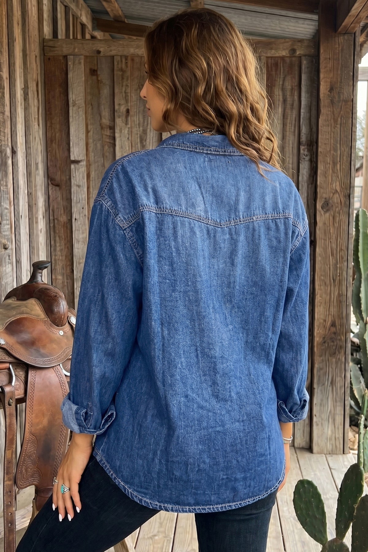 Sail Blue Western Patch Pockets Tunic Length Denim Shirt