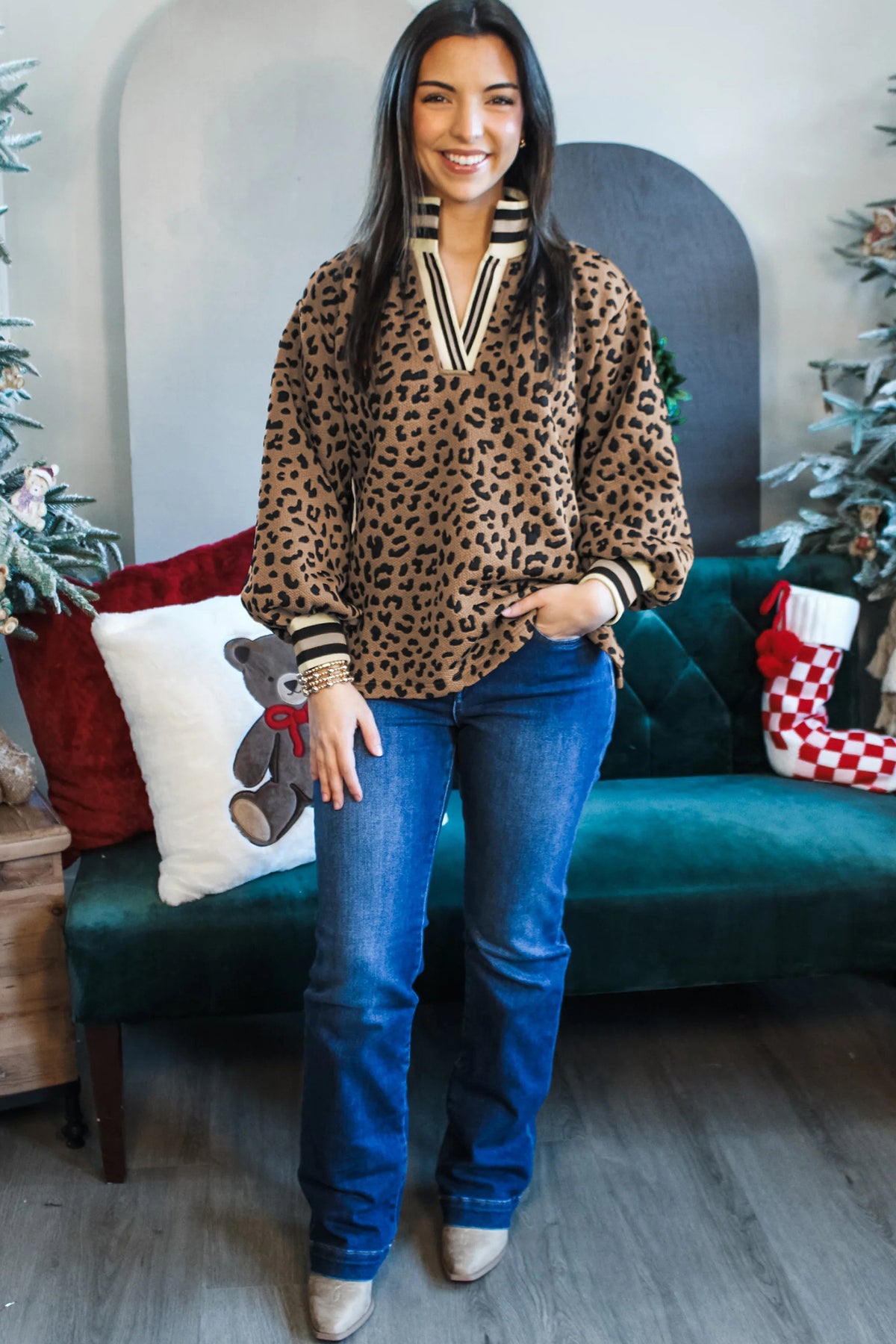 Brown Leopard Print Striped Trim Collar Shift