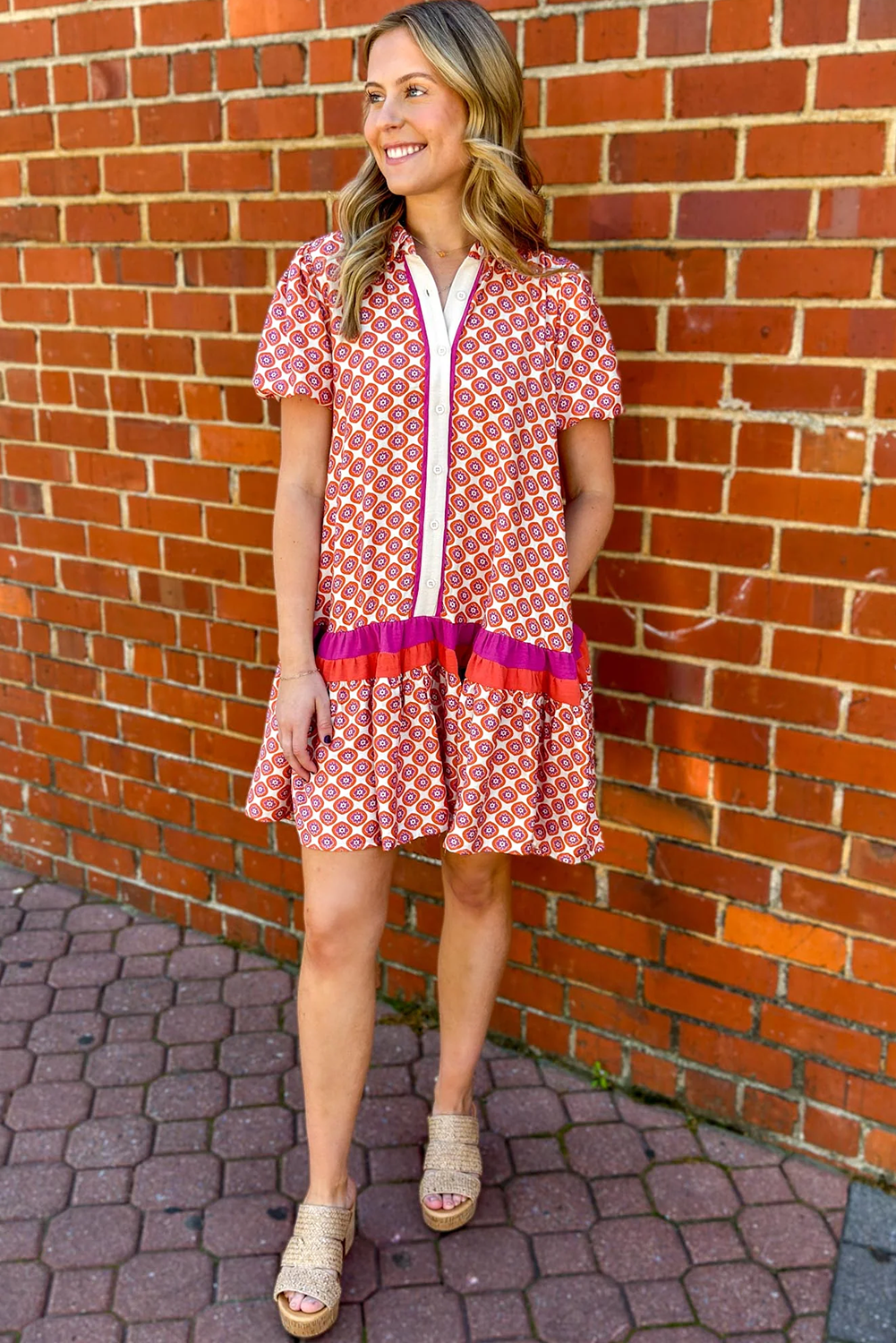 Orange Geometric Floral Print Color Block Trim Ruffle Hem Dress