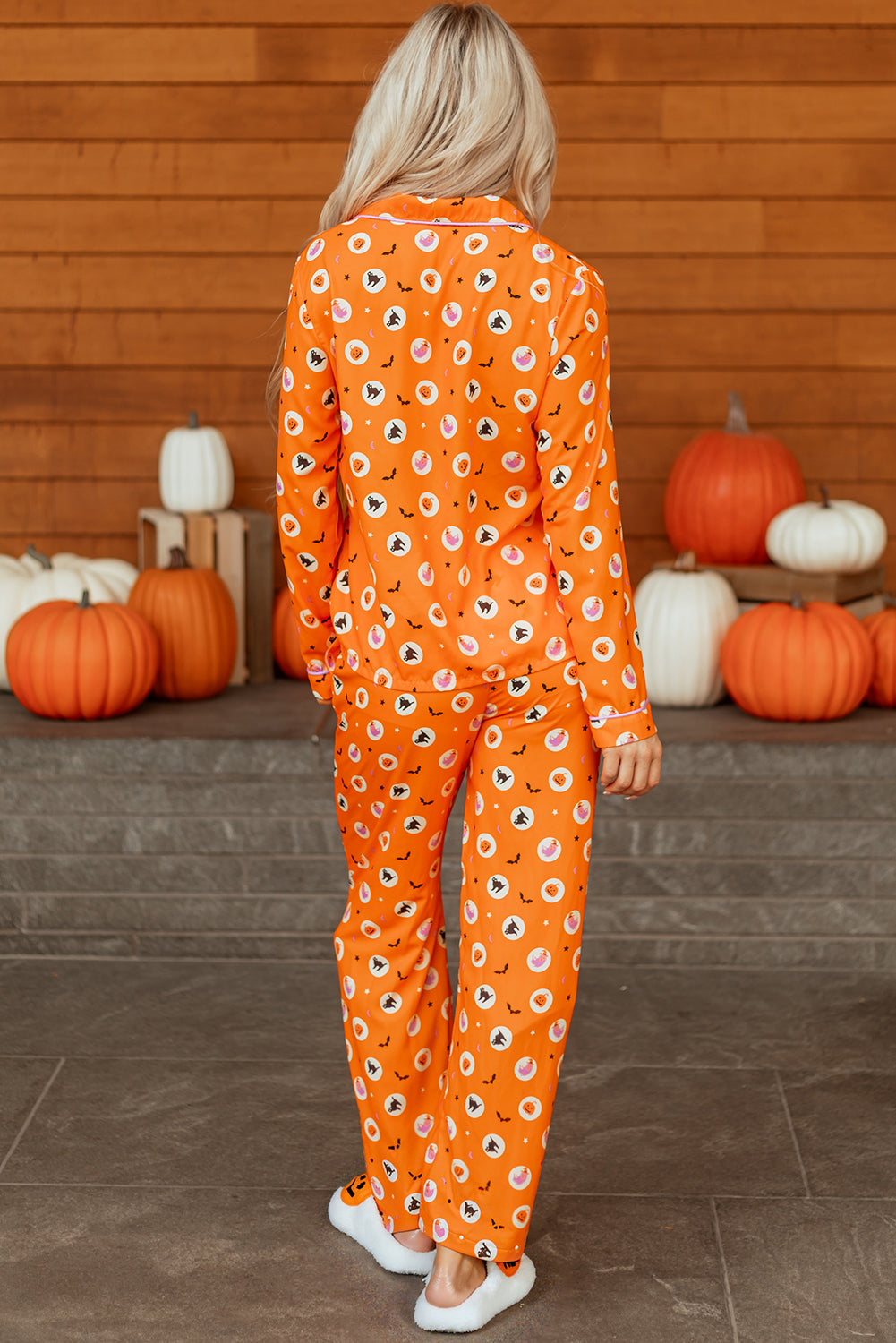 Orange Halloween Print Lapel Shirt Long Pajama Set