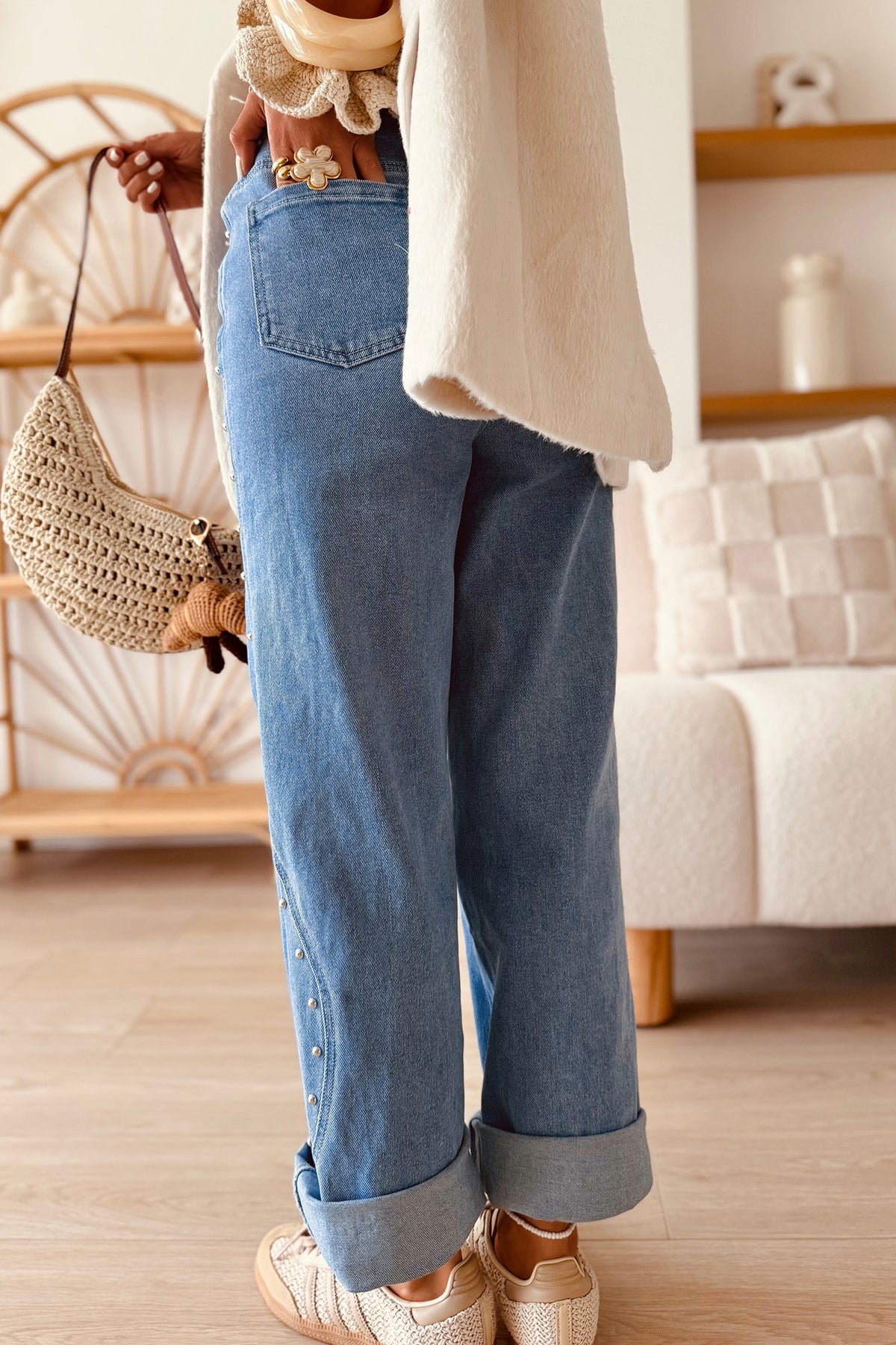 Dusk Blue Side Seam Rivet Ankle Length Casual Jeans