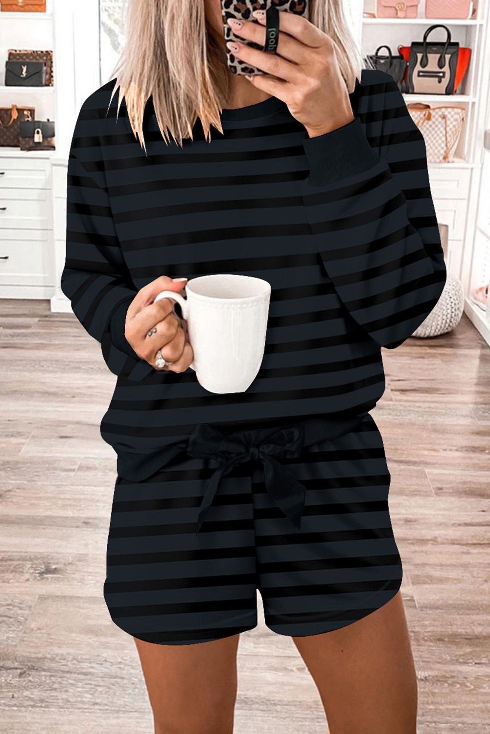 Gray Stripe Long Sleeve Top and Satin Tie Shorts Lounge Set