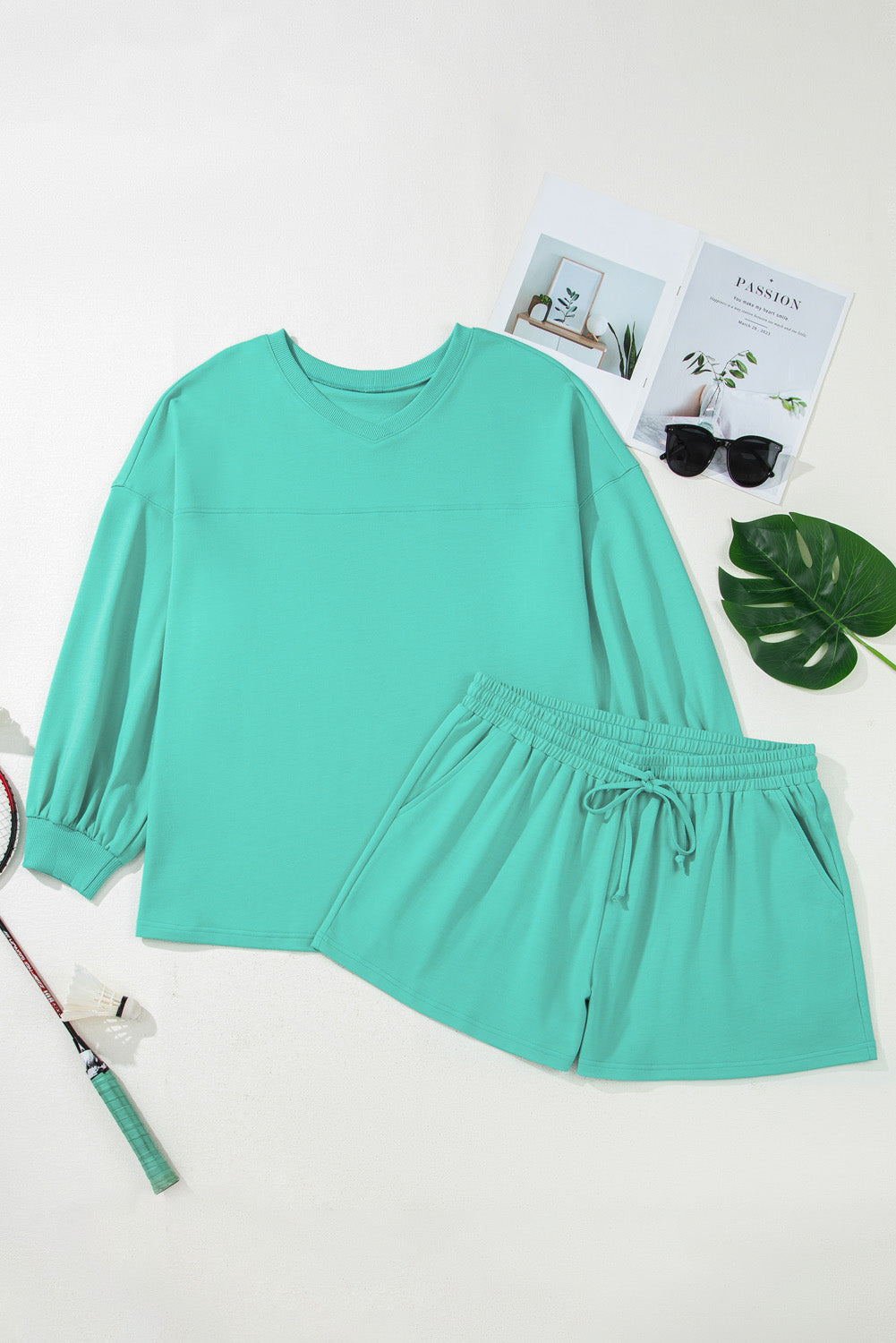 Sea Green Drop-Shoulder V-Neck Pullover Top and Drawstring Short Plus Size Set