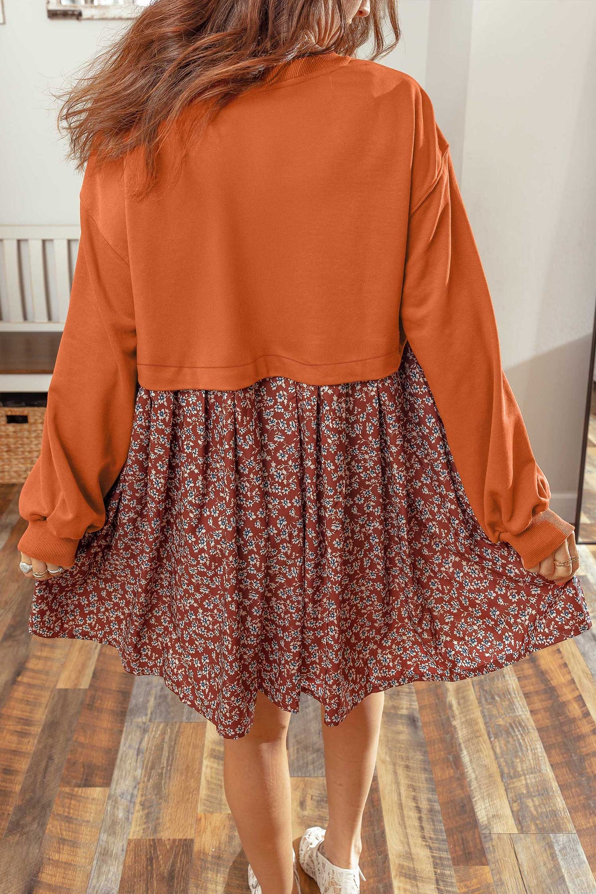 Orange Solid Long Sleeve Top Patchwork Floral Flared 2 in 1 Mini Dress