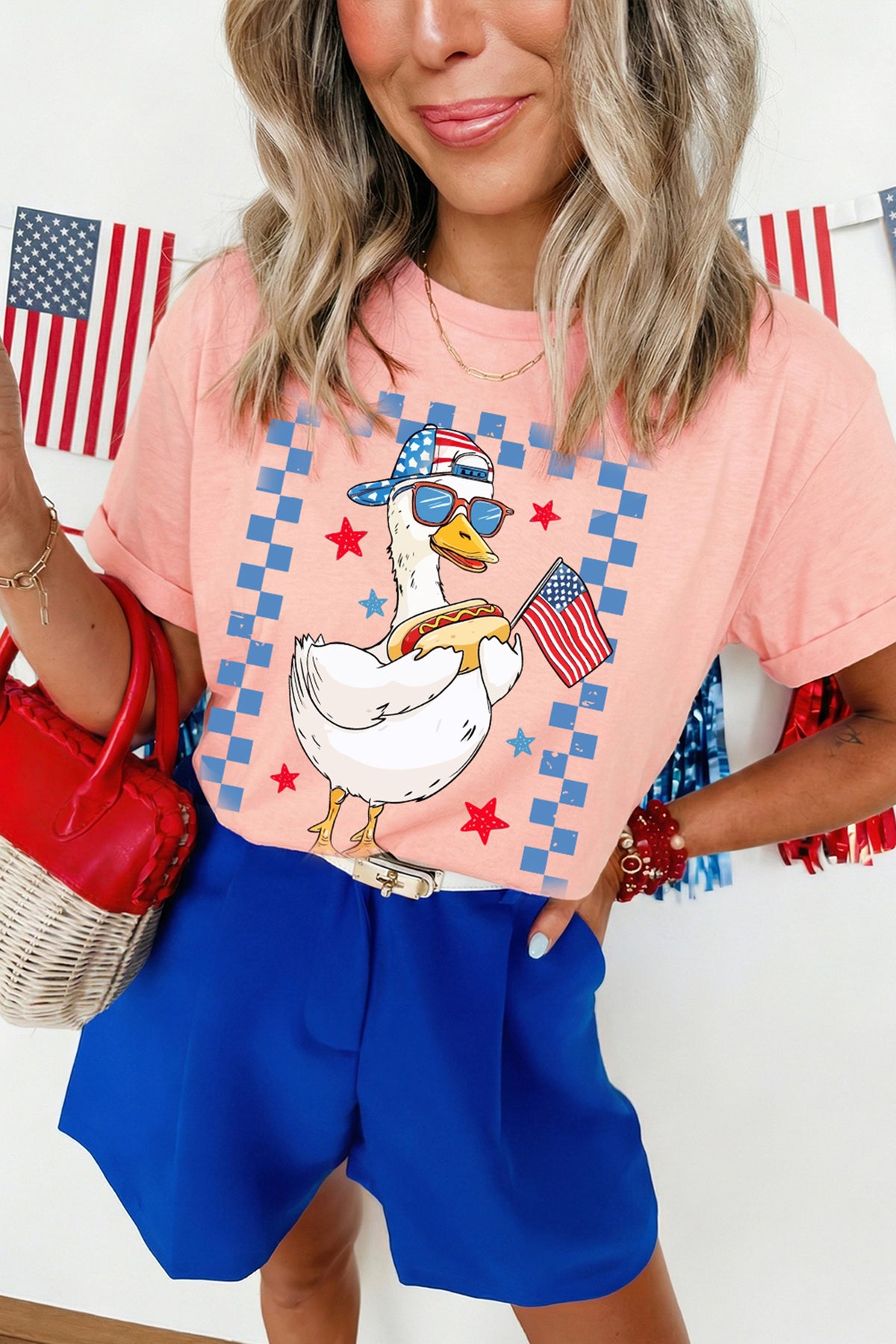 Pink America Goose 4th Of July Patriotic Flag Graphic T-Shirt