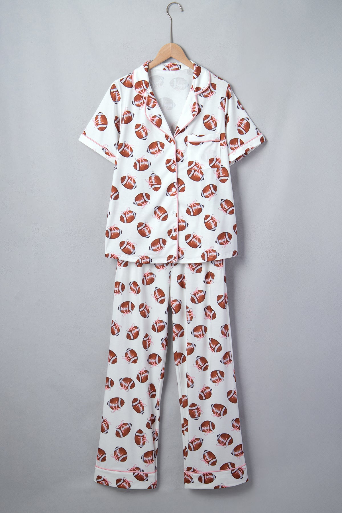 White Rugby Print Button Down Top and Pants Pajama Set