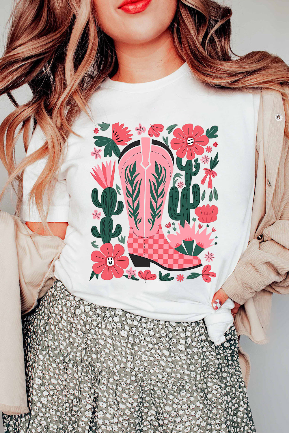 White Western Boots Flower Print Round Neck T-Shirt