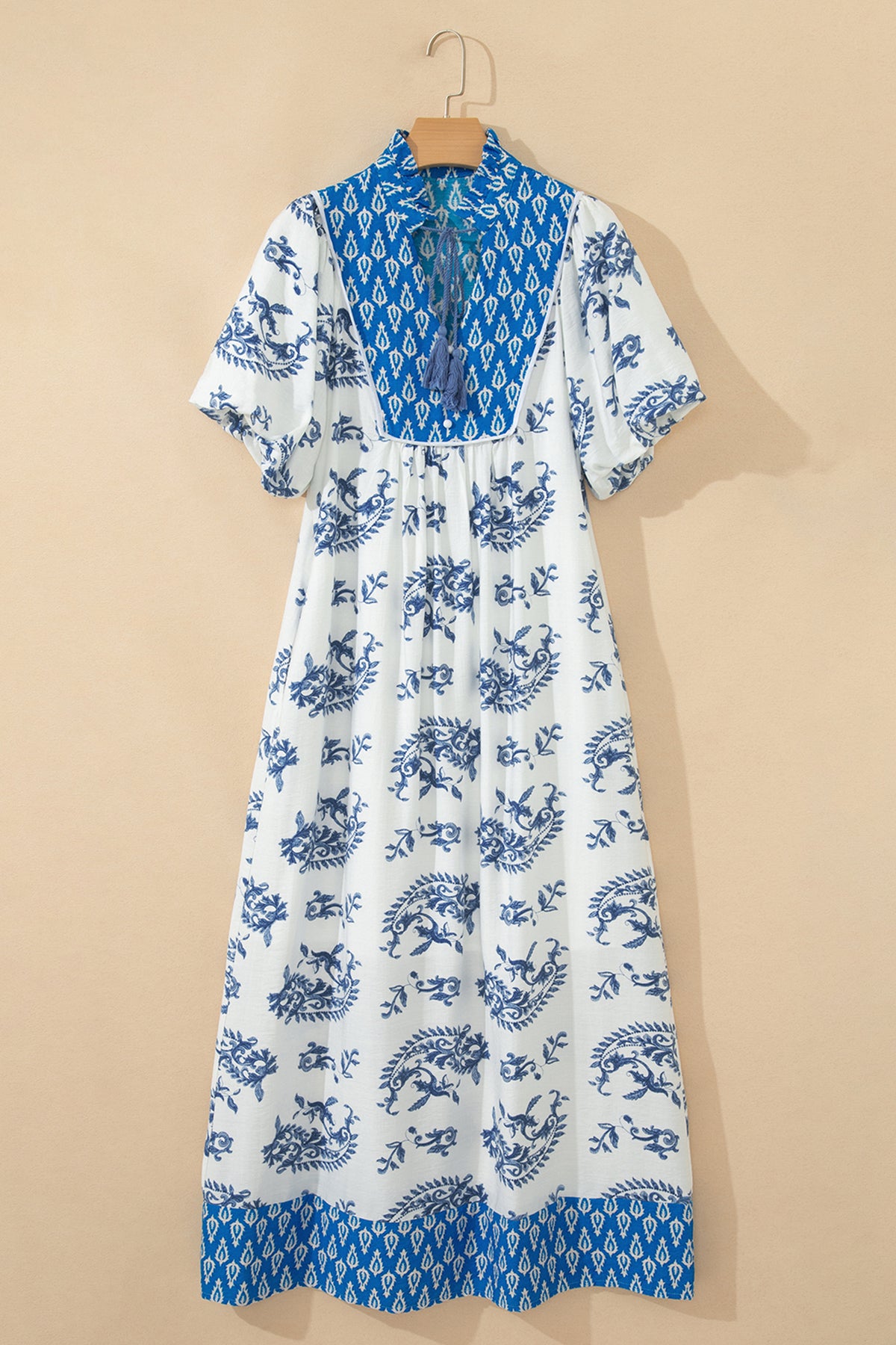 Sky Blue Boho Abstract Print V Neck Tassel Tie Dress