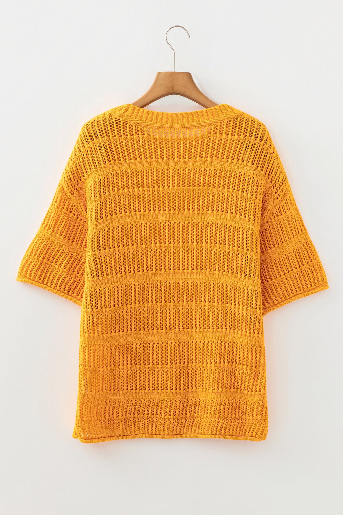 Mustard Hollow out Openwork Knit 3/4 Sleeve Sweater
