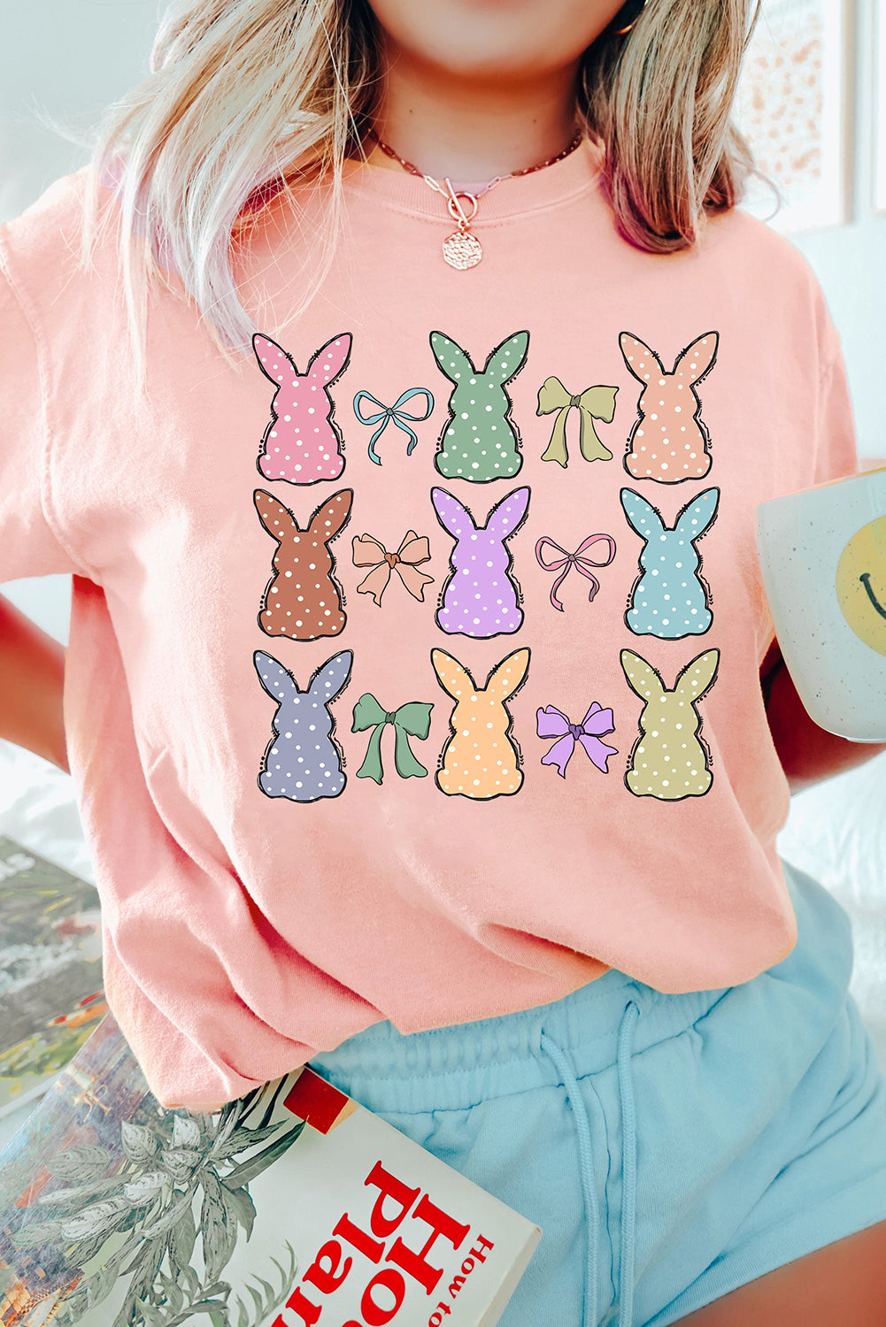 Pink Dotty Bunny Bow Printed Easter Day Fashion T-Shirt