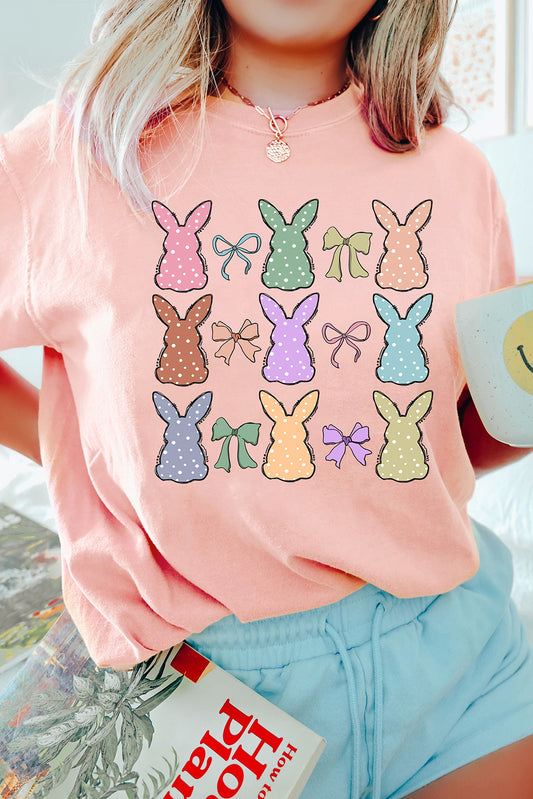 Pink Dotty Bunny Bow Printed Easter Day Fashion T-Shirt