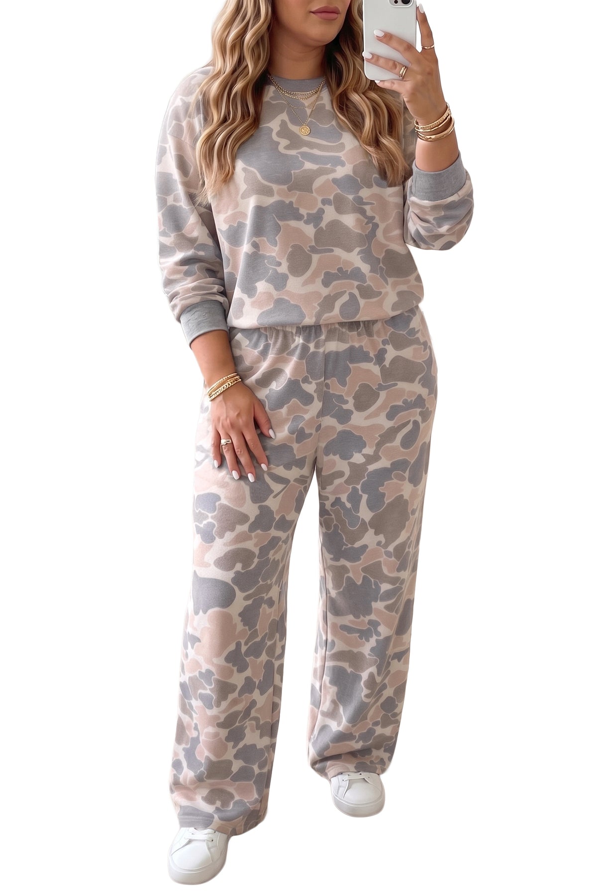 Multicolour Camouflage Long-Sleeve Round-Neck Two-Piece Plus Size Set