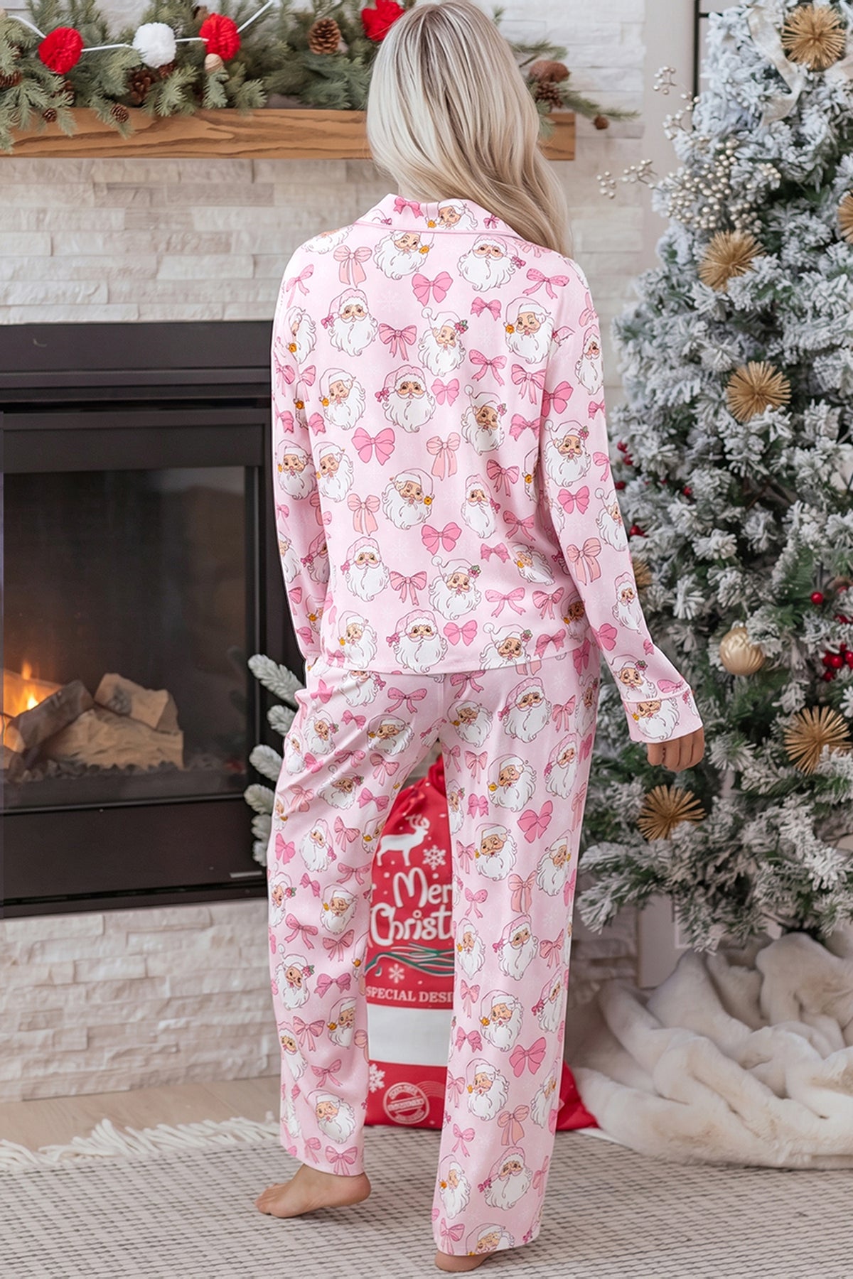 Pink Abstract Santa Print Long Sleeve Full-Length Lounge Set