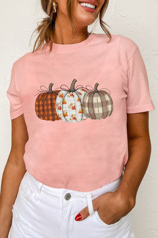 Pink Mix Pattern Pumpkin Print Round Neck T-Shirt