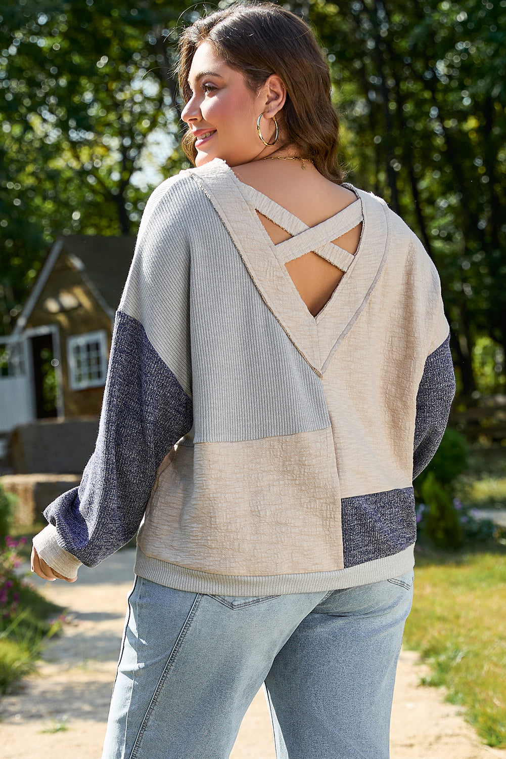 Ashleigh Blue Plus Size Textured Color-Block Patchwork V-Neck Top