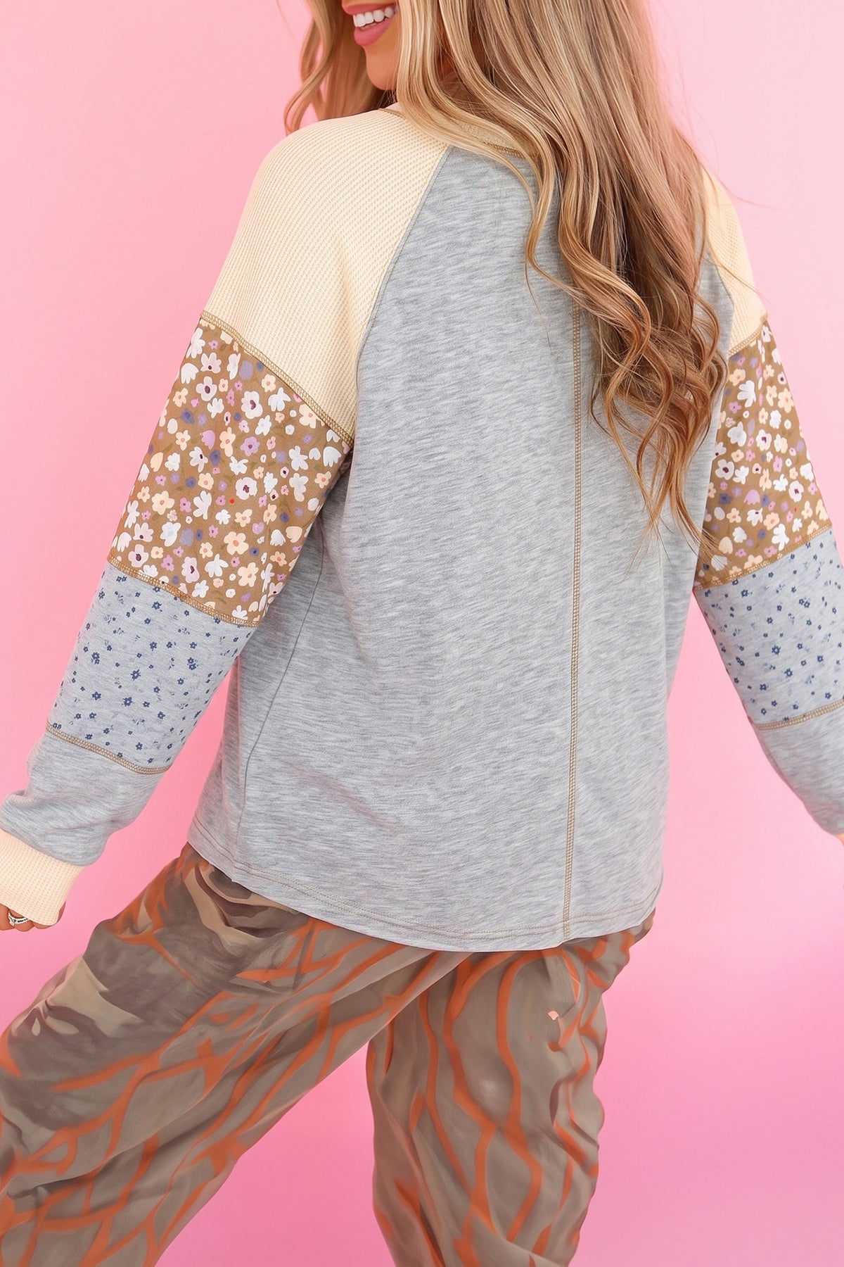 Apricot Pink Color Block Floral Waffle Mixed Patchwork Top