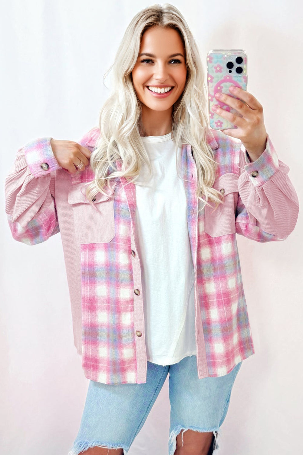 Pink Brushed Plaid Corduroy Flap Pockets Patchwork Shacket