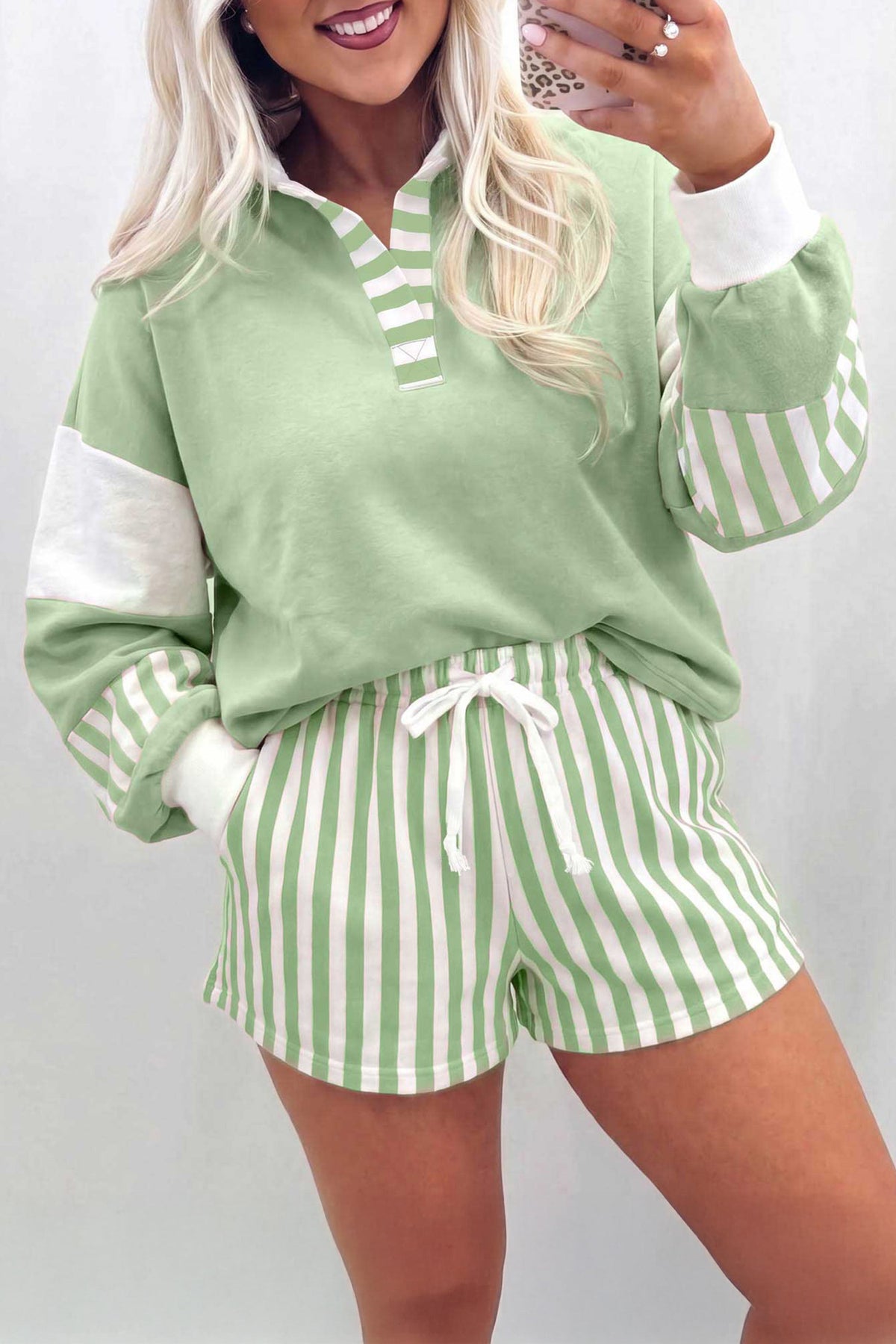 Women's Black Striped Color Block Pullover Top Drawstring Shorts Set