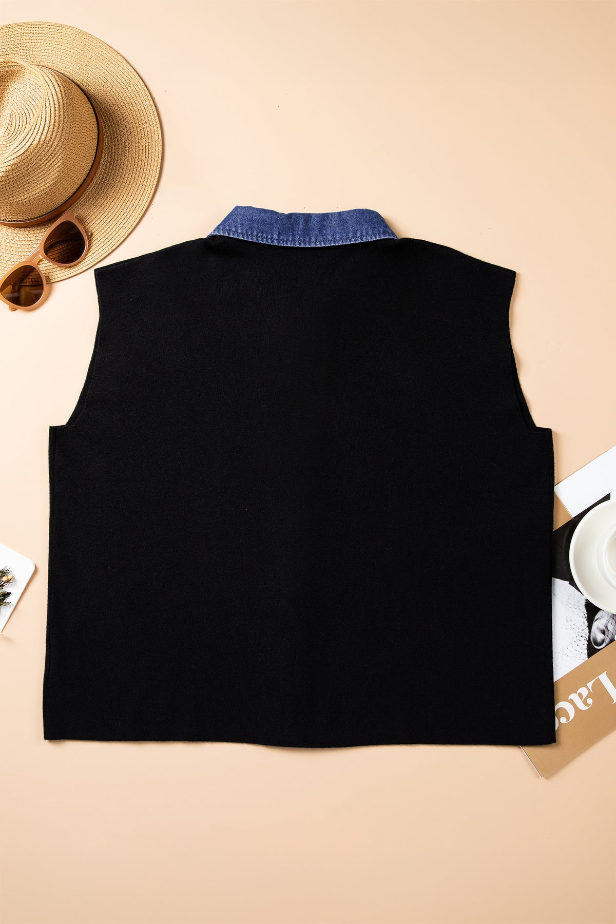 Black Plus Size Sleeveless Patchwork Color-Block V-Neck Tunic Top Cardigan