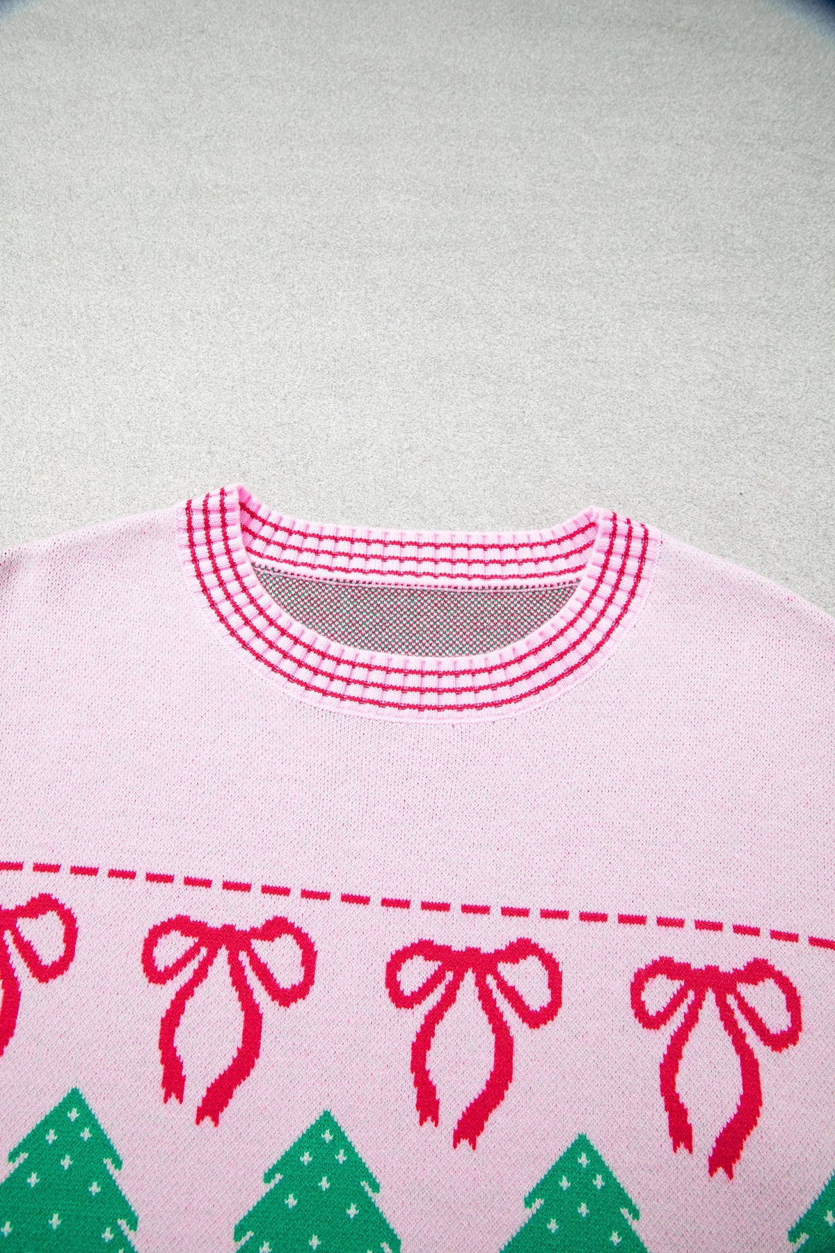 Pink Festive Holiday Print Round Neck Loose Tunic Sweater