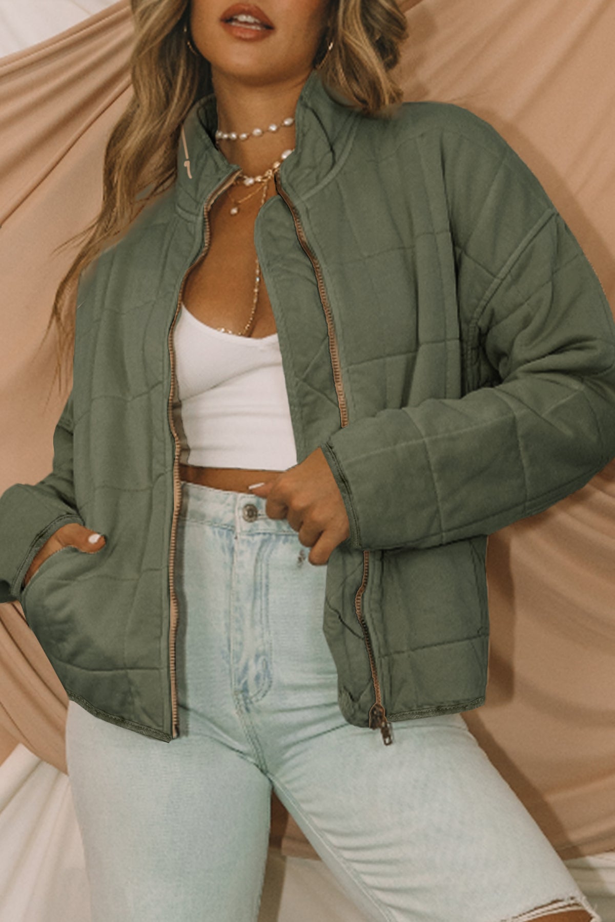 Green Zip-Up Pocket Quilted Jacket