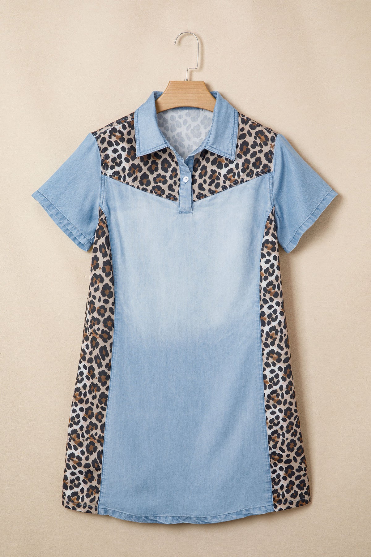 Myosotis Denim Color Block Leopard Patchwork T Shirt Mini Dress