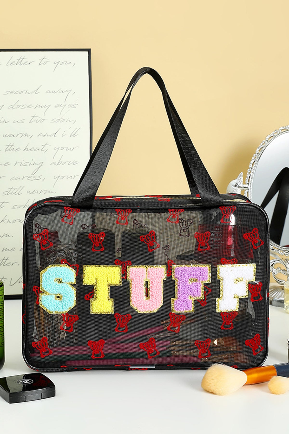Black STUFF Chenille Letter Patched Teddy Bear Mesh Lightweight Makeup Bag