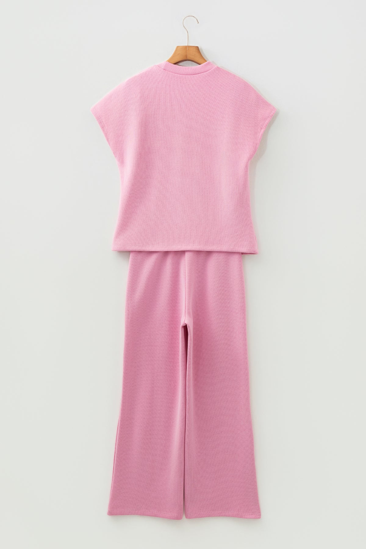 Women's Pink Textured Knit High Neck Tee Pants Two-Piece Set