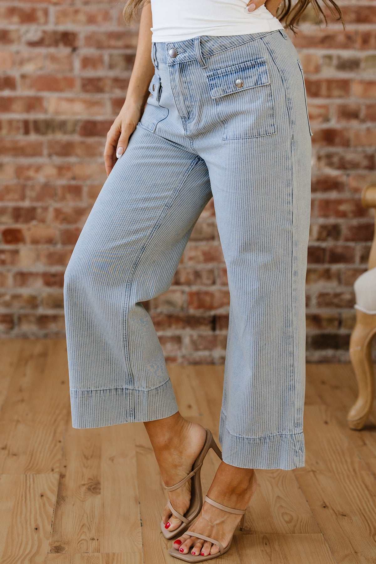 Sky Blue Stripe Button Flap Pocket Cuffed Hem Wide Leg Jeans
