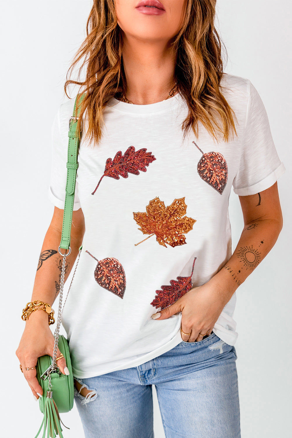 White Halloween Sequined Leaves Graphic Crew Neck T-Shirt