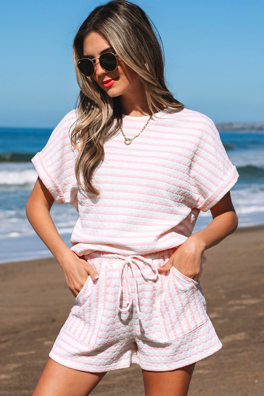 Women's Pink Stripe Knitted Short-Sleeve Top & Shorts Set