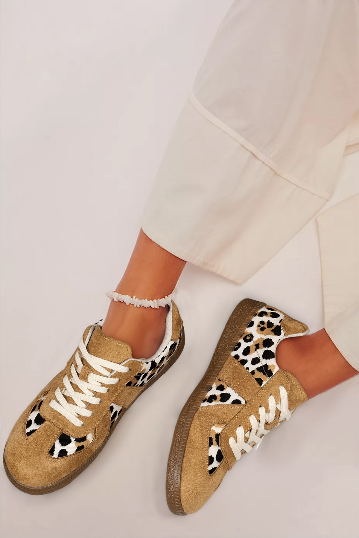 Light French Beige Color Block Leopard Print Patchwork Lace-up Sneakers