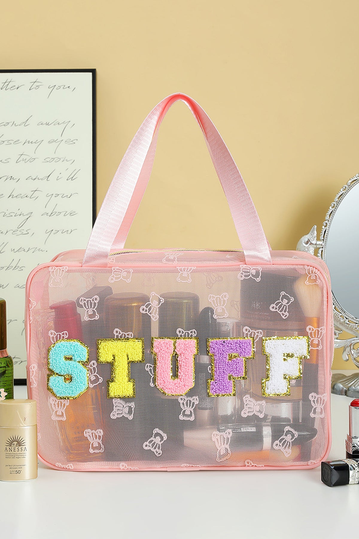 Black STUFF Chenille Letter Patched Teddy Bear Mesh Lightweight Makeup Bag