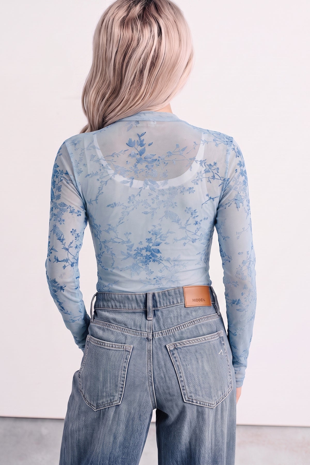 Sky Blue Sheer Mesh Floral Printed Mock Neck Bodysuit