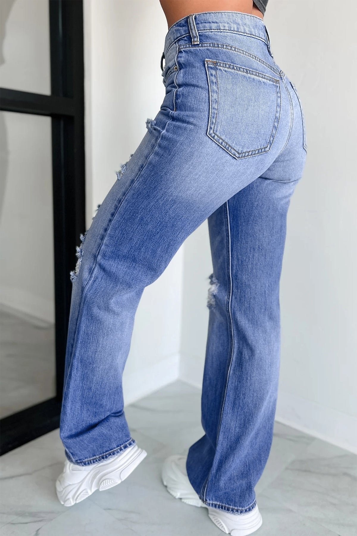 Myosotis Mid Rise Distressed Sneak Peek Straight Leg Jeans
