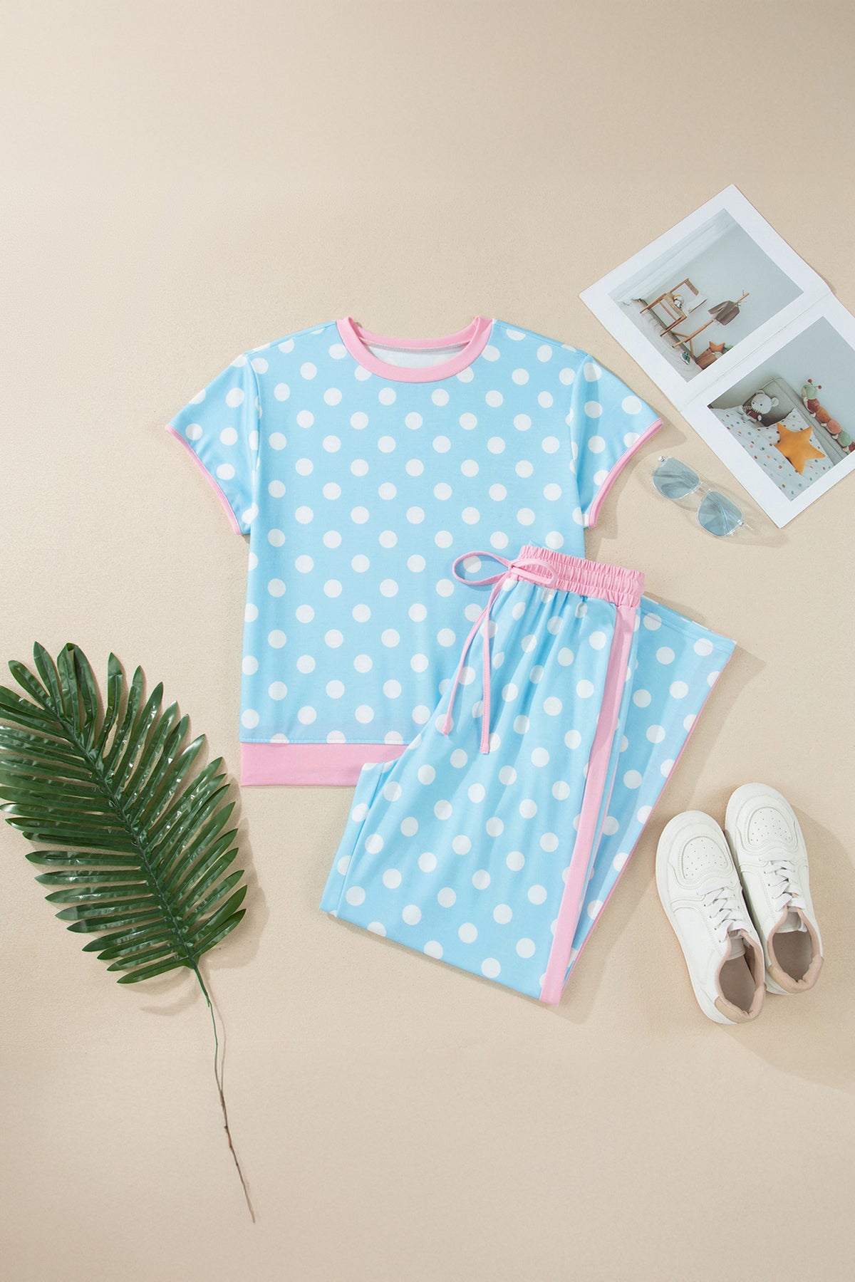 Women's Sky Blue Polka Dot Short-Sleeve Top & Pants Set