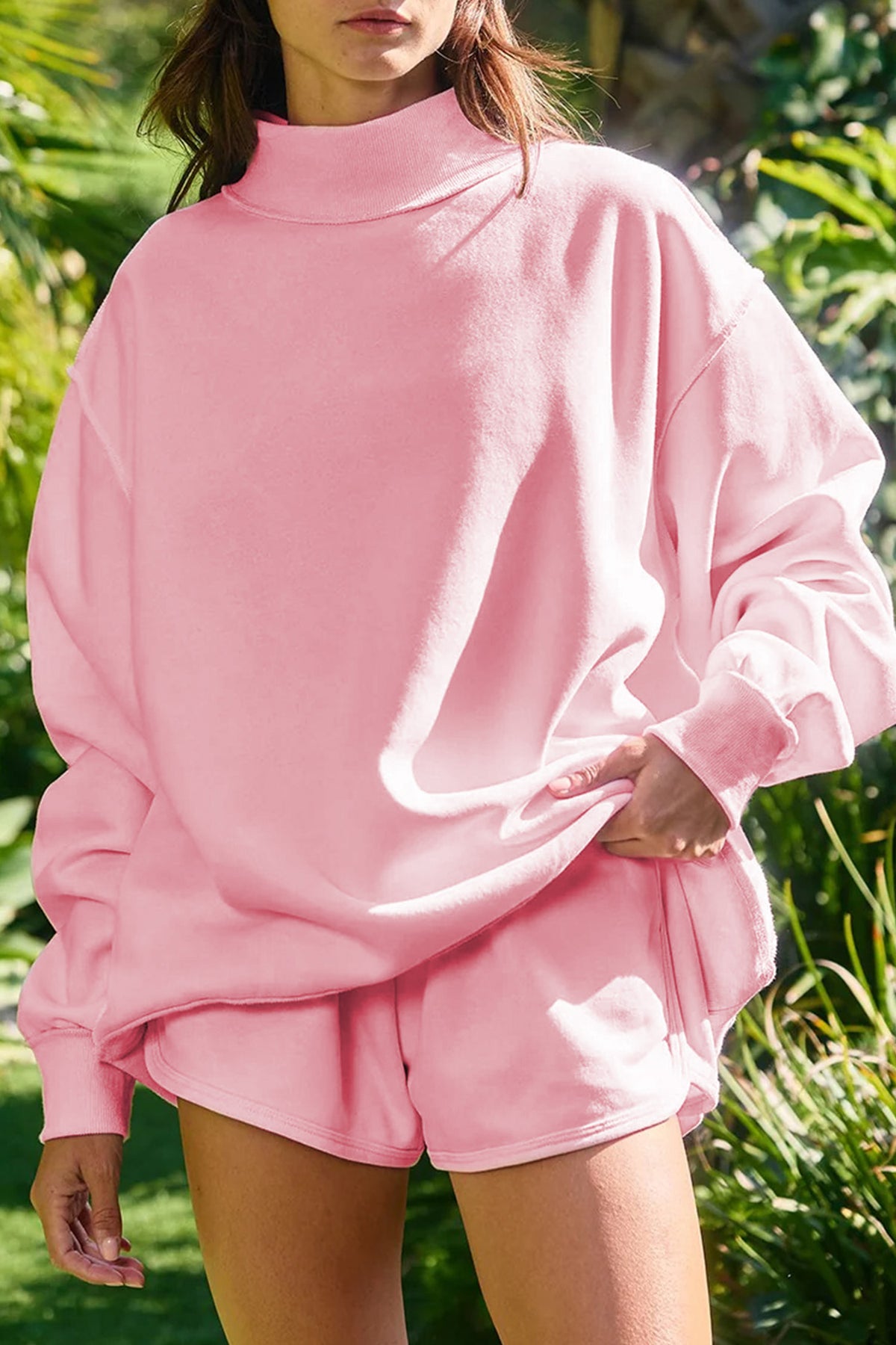 Women's Light Pink High-Neck Exposed Seam Drop Shoulder Baggy Pullover Shorts Set